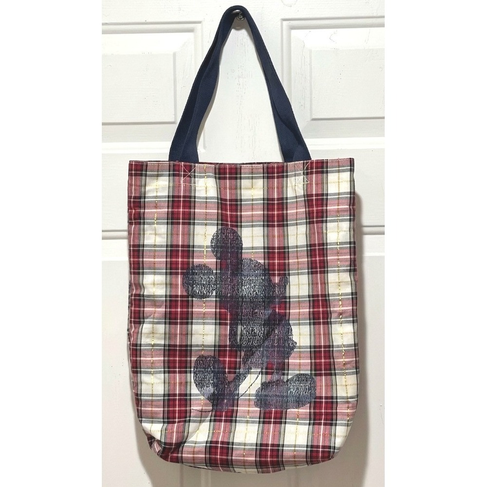 Disney Parks Mickey Mouse Plaid Tote Bag Red Gold Metallic Walt Disney World WDW